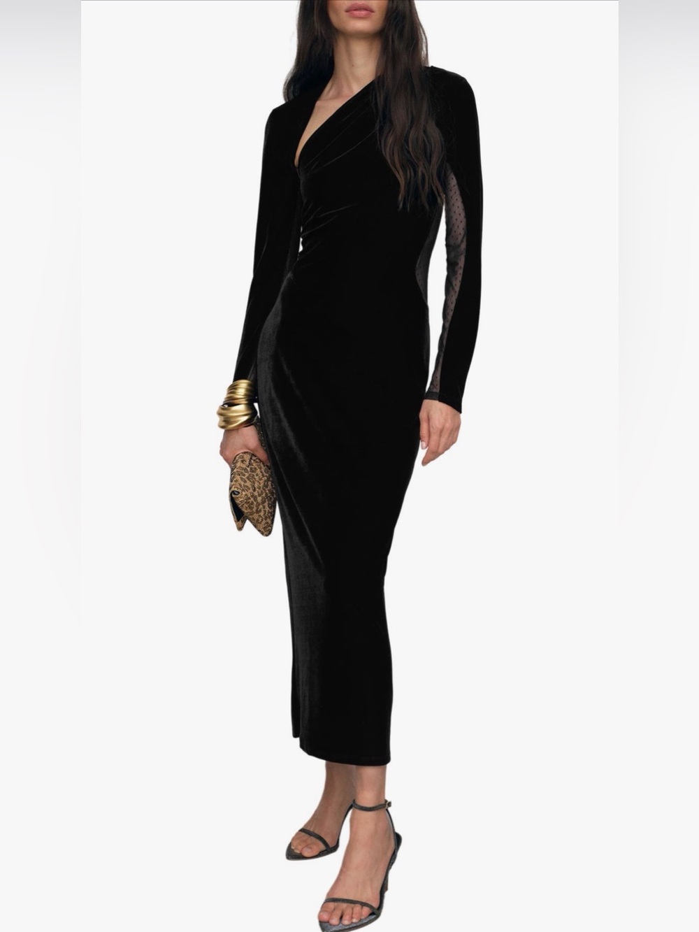 REISS Black Velvet Long Sleeve Midi Dress Size 14